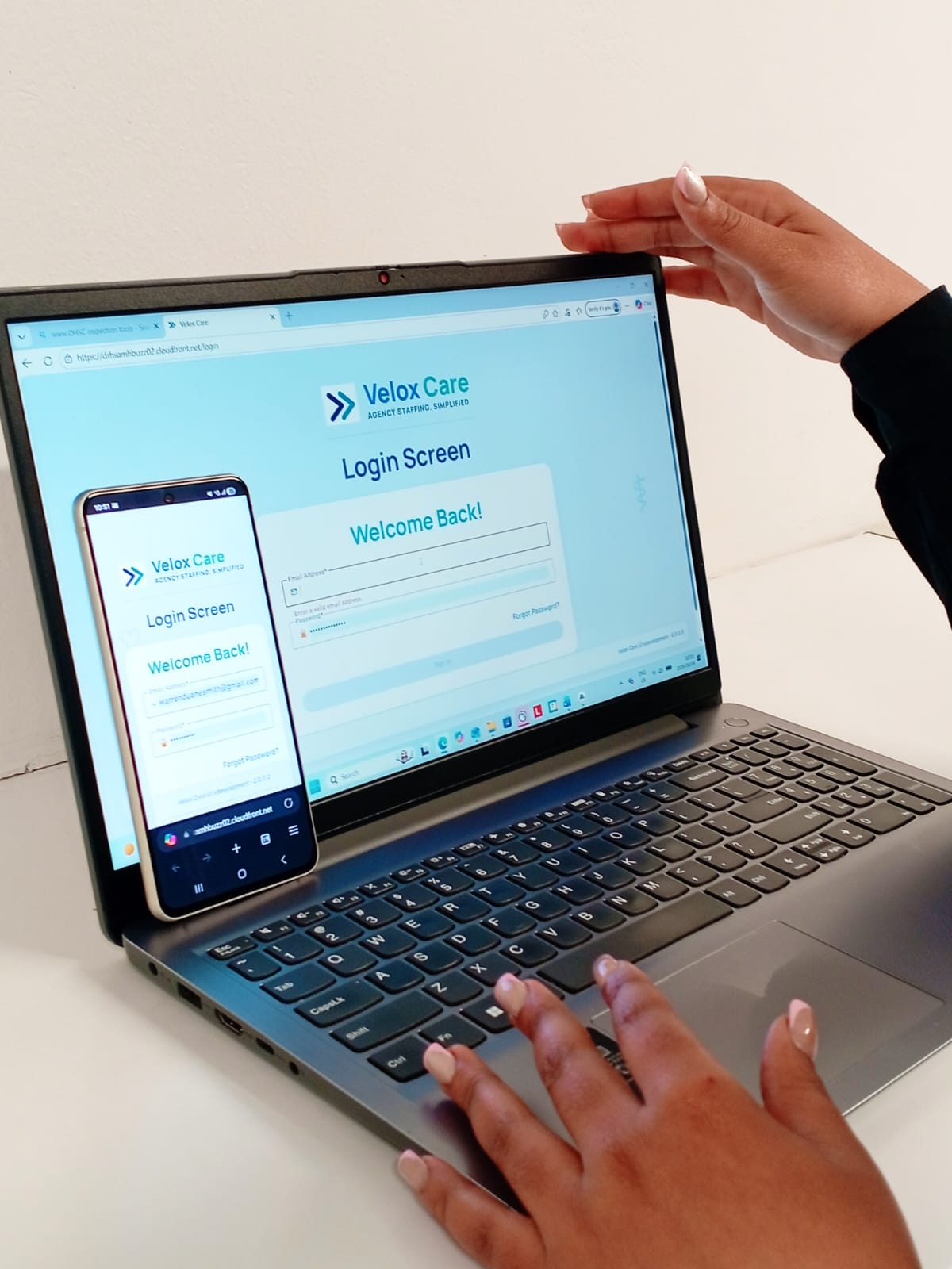 Hands-on shift booking using Velox Care on phone and laptop simultaneously