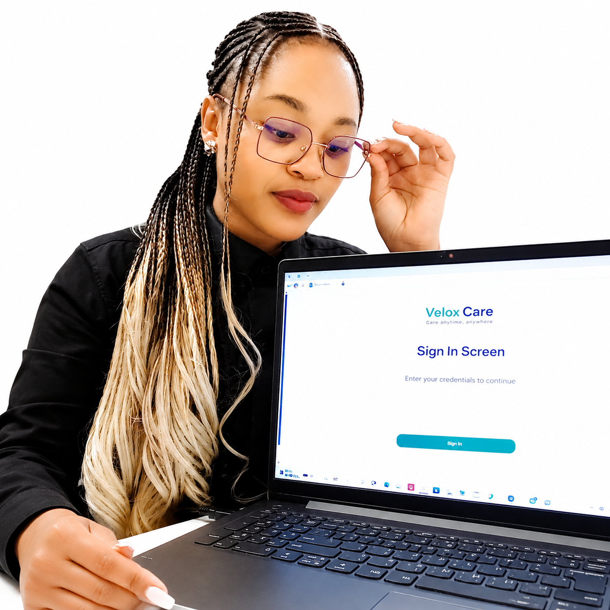 Healthcare professional reviewing the Velox Care platform